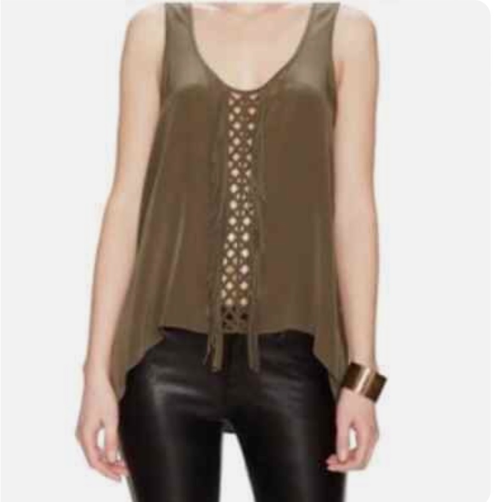 - BCBGMAXAZRIA Green Mura Fringed Silk Top